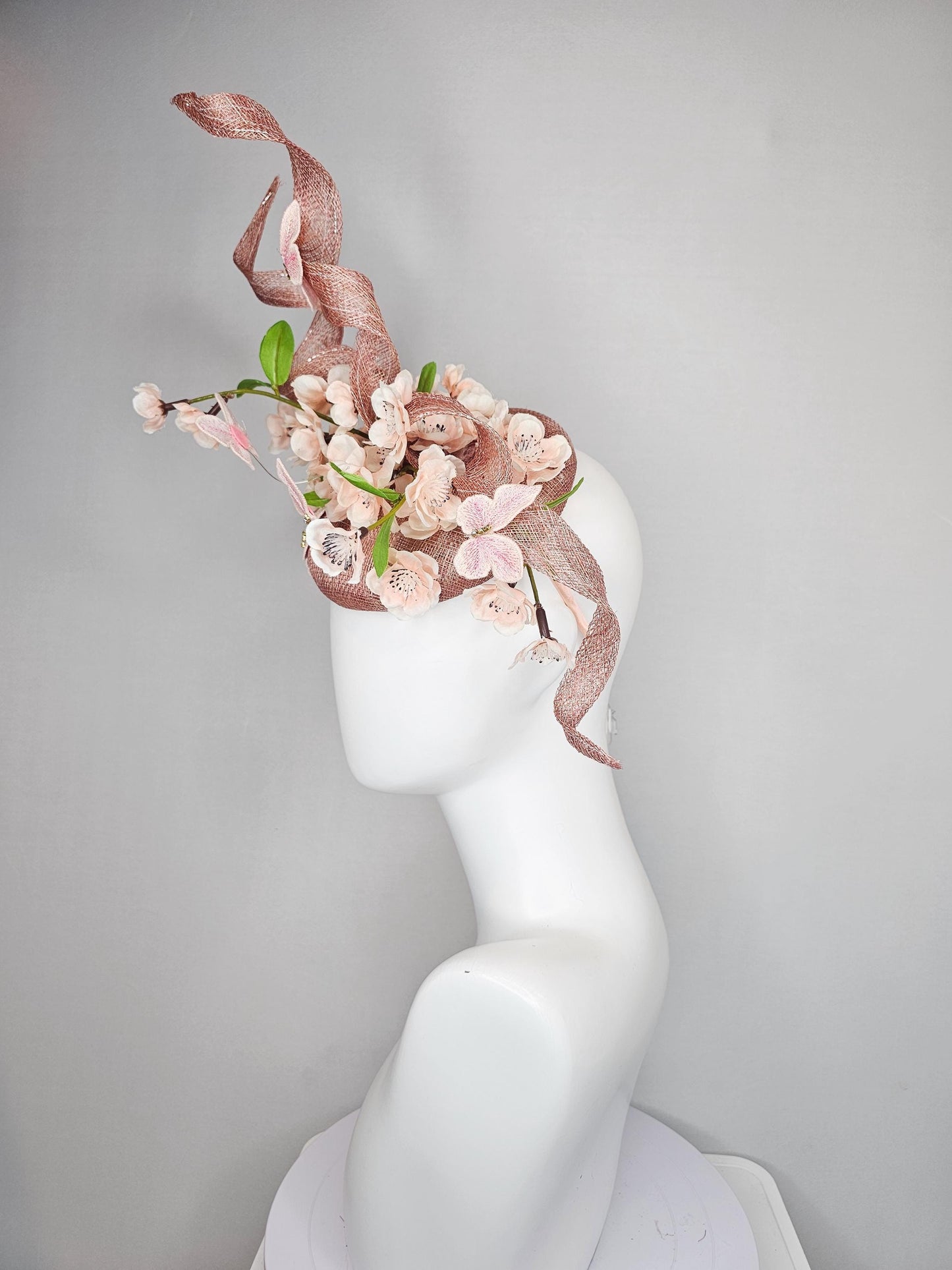 kentucky derby hat fascinator dusty pink sinamay with sinamay curls, light champagne pink satin flowers, green leaves,light pink butterflies