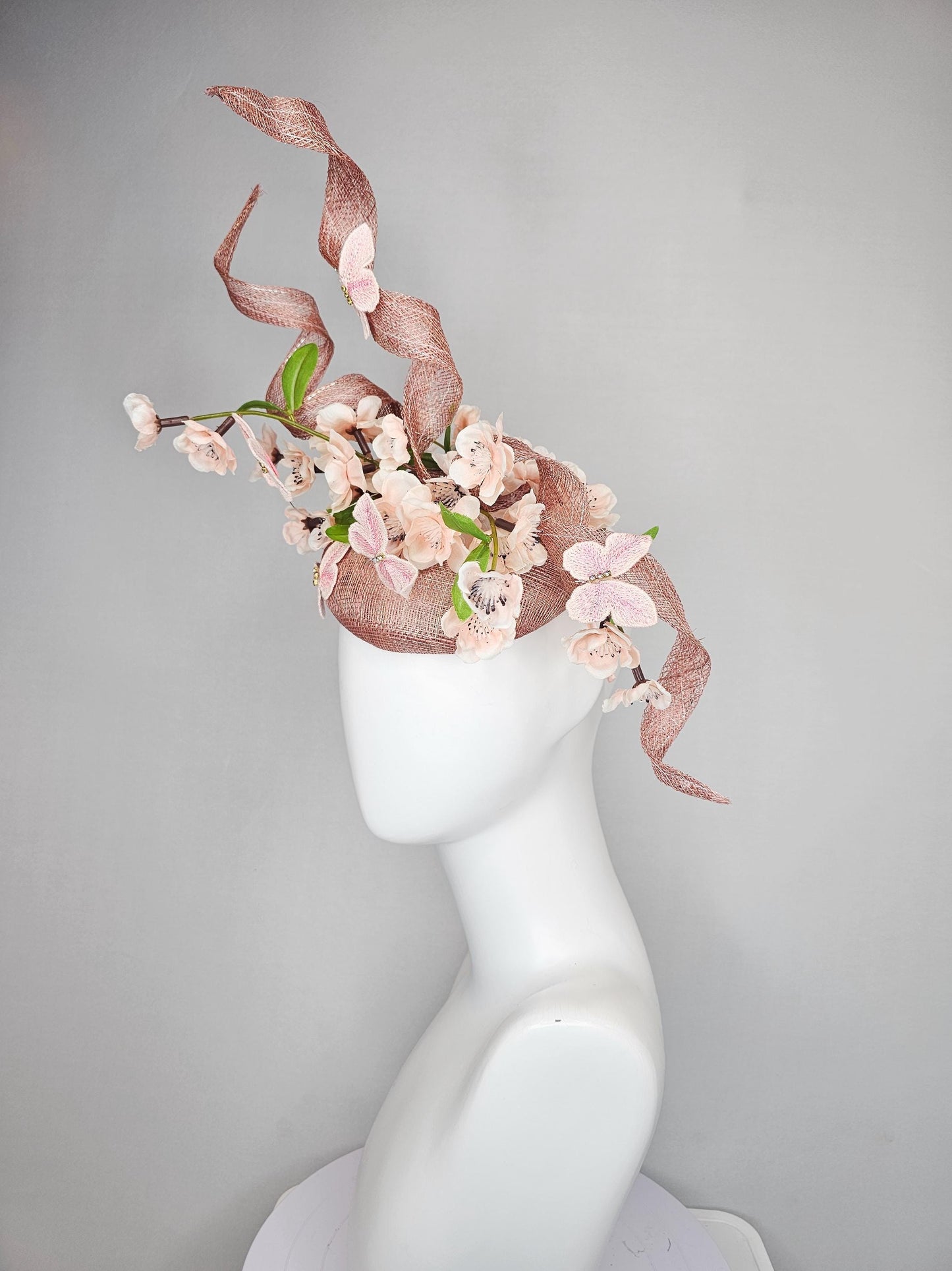 kentucky derby hat fascinator dusty pink sinamay with sinamay curls, light champagne pink satin flowers, green leaves,light pink butterflies