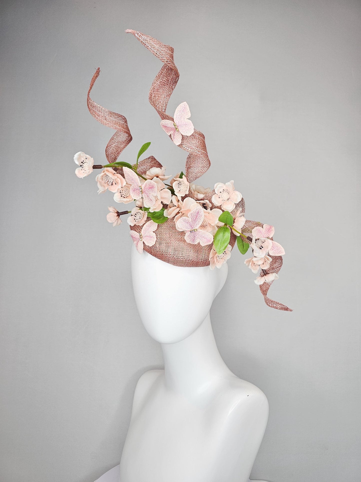 kentucky derby hat fascinator dusty pink sinamay with sinamay curls, light champagne pink satin flowers, green leaves,light pink butterflies