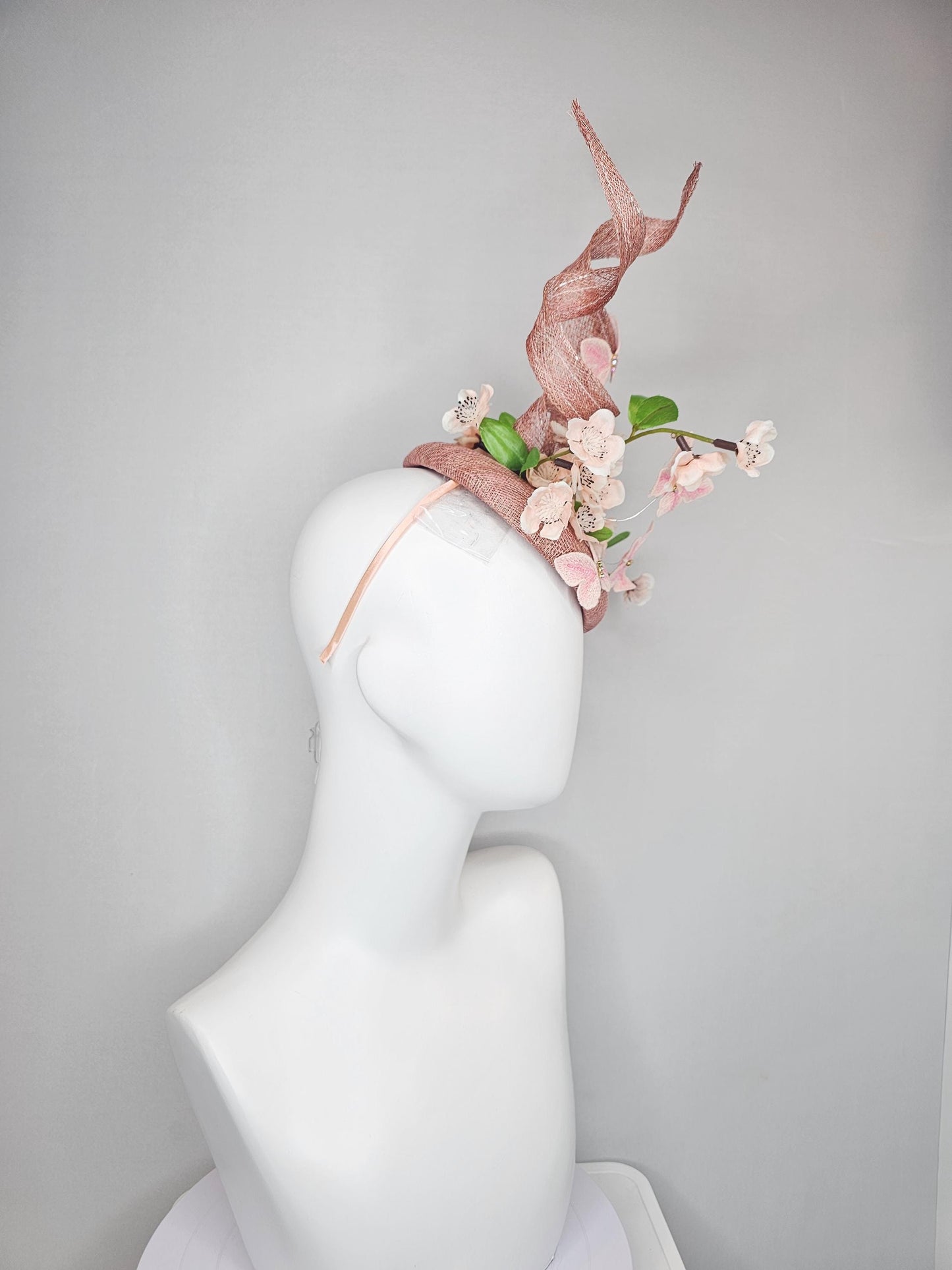 kentucky derby hat fascinator dusty pink sinamay with sinamay curls, light champagne pink satin flowers, green leaves,light pink butterflies