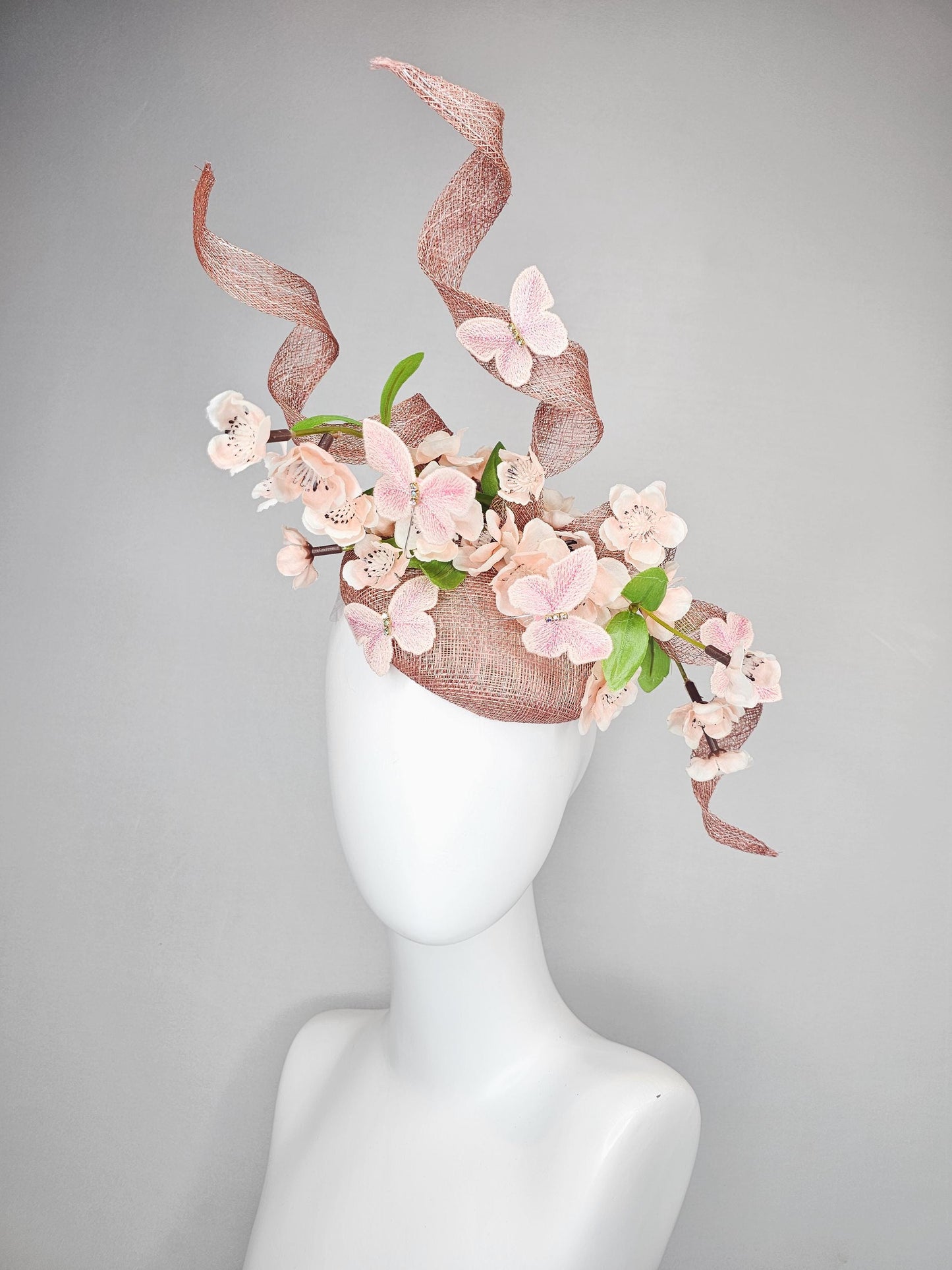 kentucky derby hat fascinator dusty pink sinamay with sinamay curls, light champagne pink satin flowers, green leaves,light pink butterflies