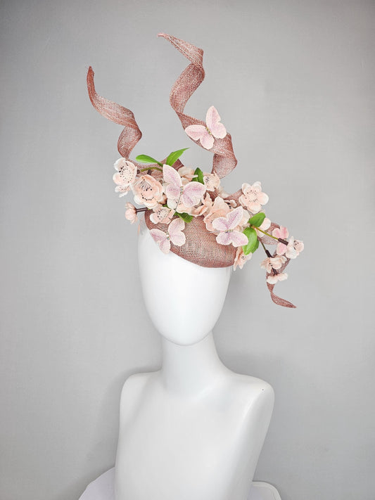 kentucky derby hat fascinator dusty pink sinamay with sinamay curls, light champagne pink satin flowers, green leaves,light pink butterflies