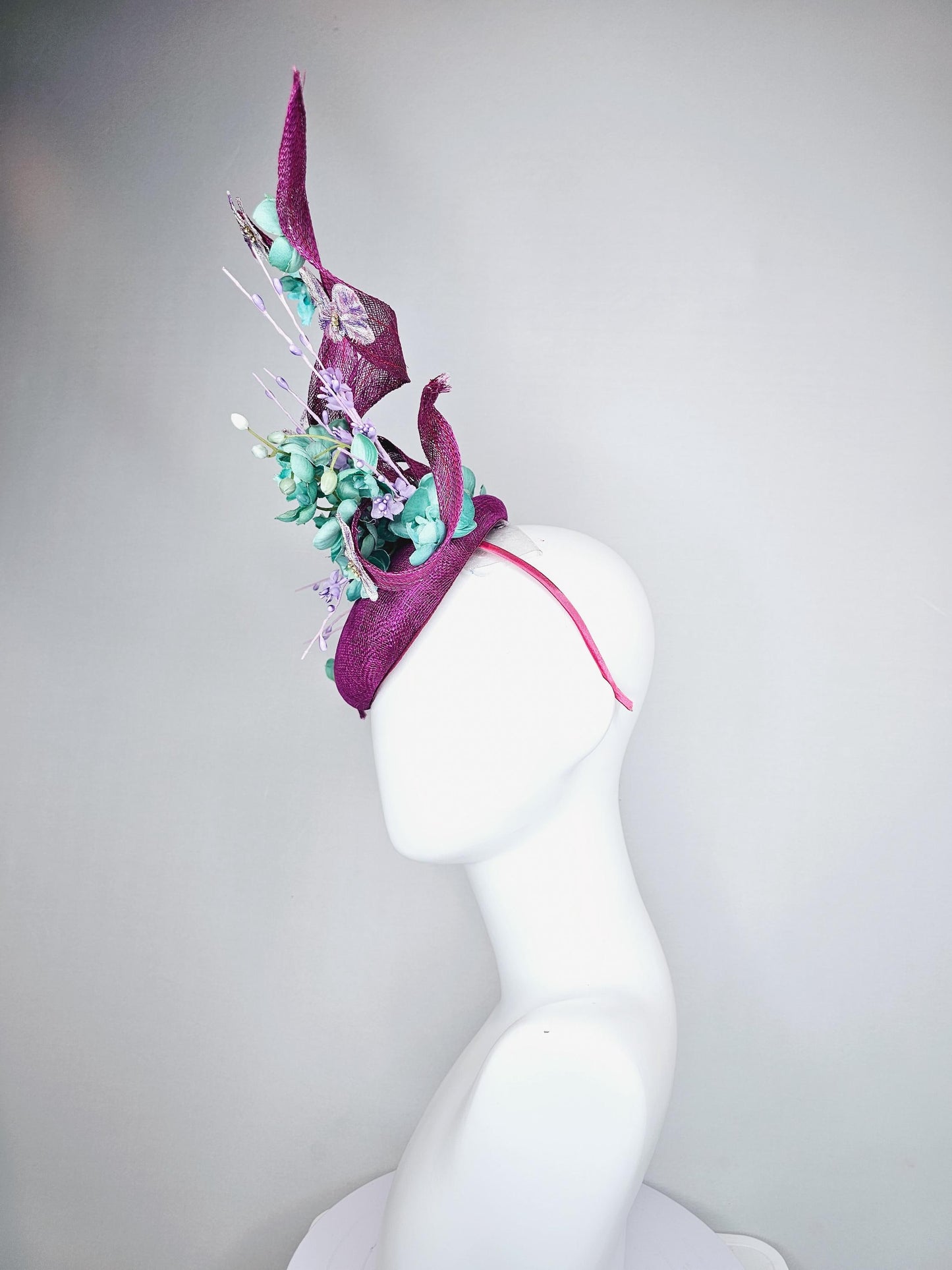kentucky derby hat fascinator magenta purple sinamay w/ sinamay curls,mint green flowers,lavender purple pearl, floral stems and butterflies
