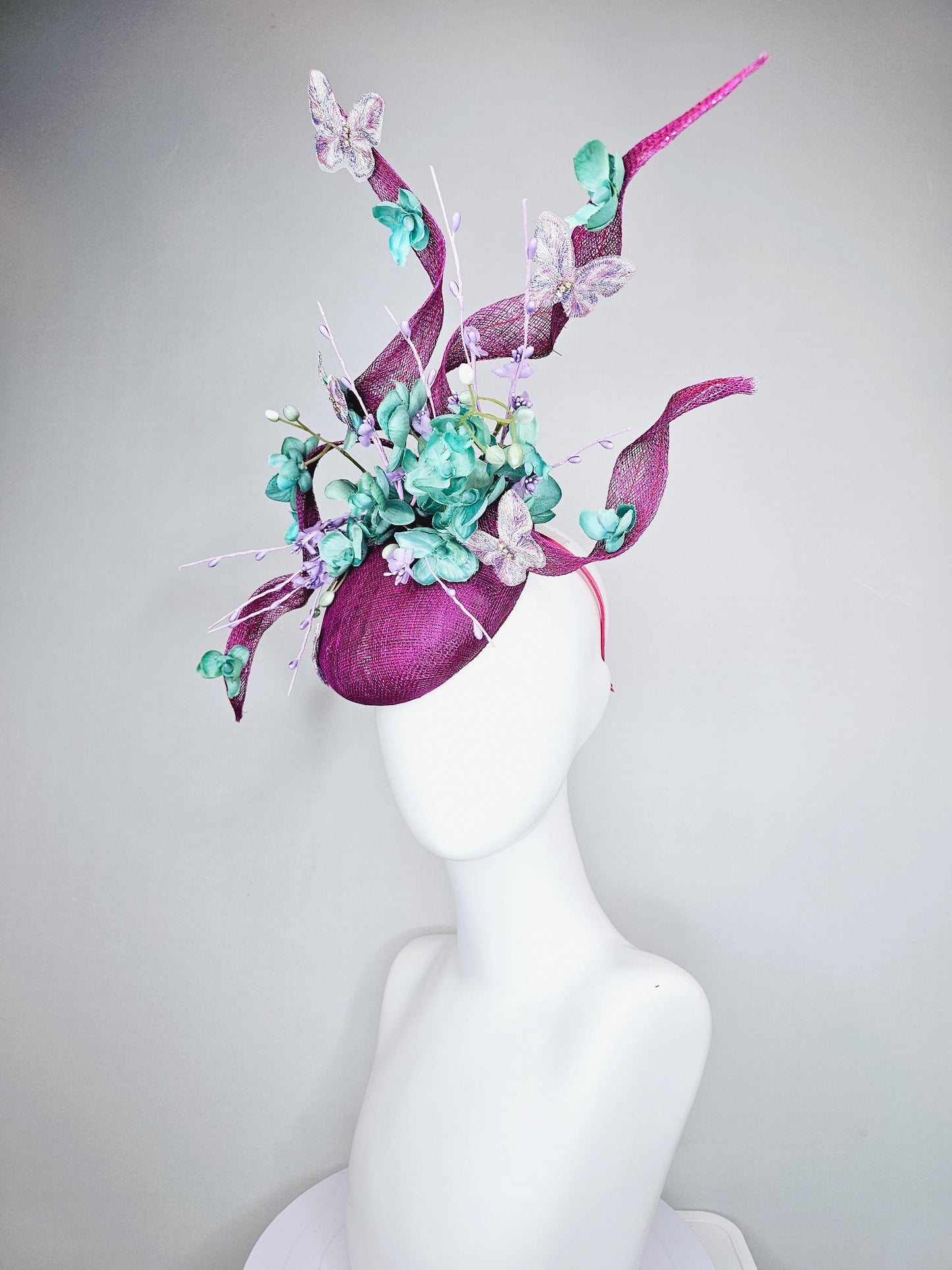 kentucky derby hat fascinator magenta purple sinamay w/ sinamay curls,mint green flowers,lavender purple pearl, floral stems and butterflies