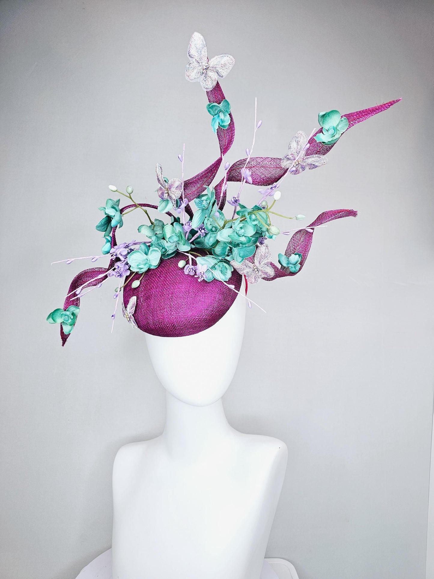 kentucky derby hat fascinator magenta purple sinamay w/ sinamay curls,mint green flowers,lavender purple pearl, floral stems and butterflies