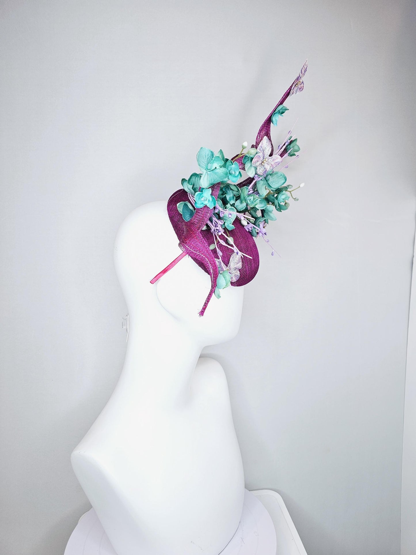 kentucky derby hat fascinator magenta purple sinamay w/ sinamay curls,mint green flowers,lavender purple pearl, floral stems and butterflies