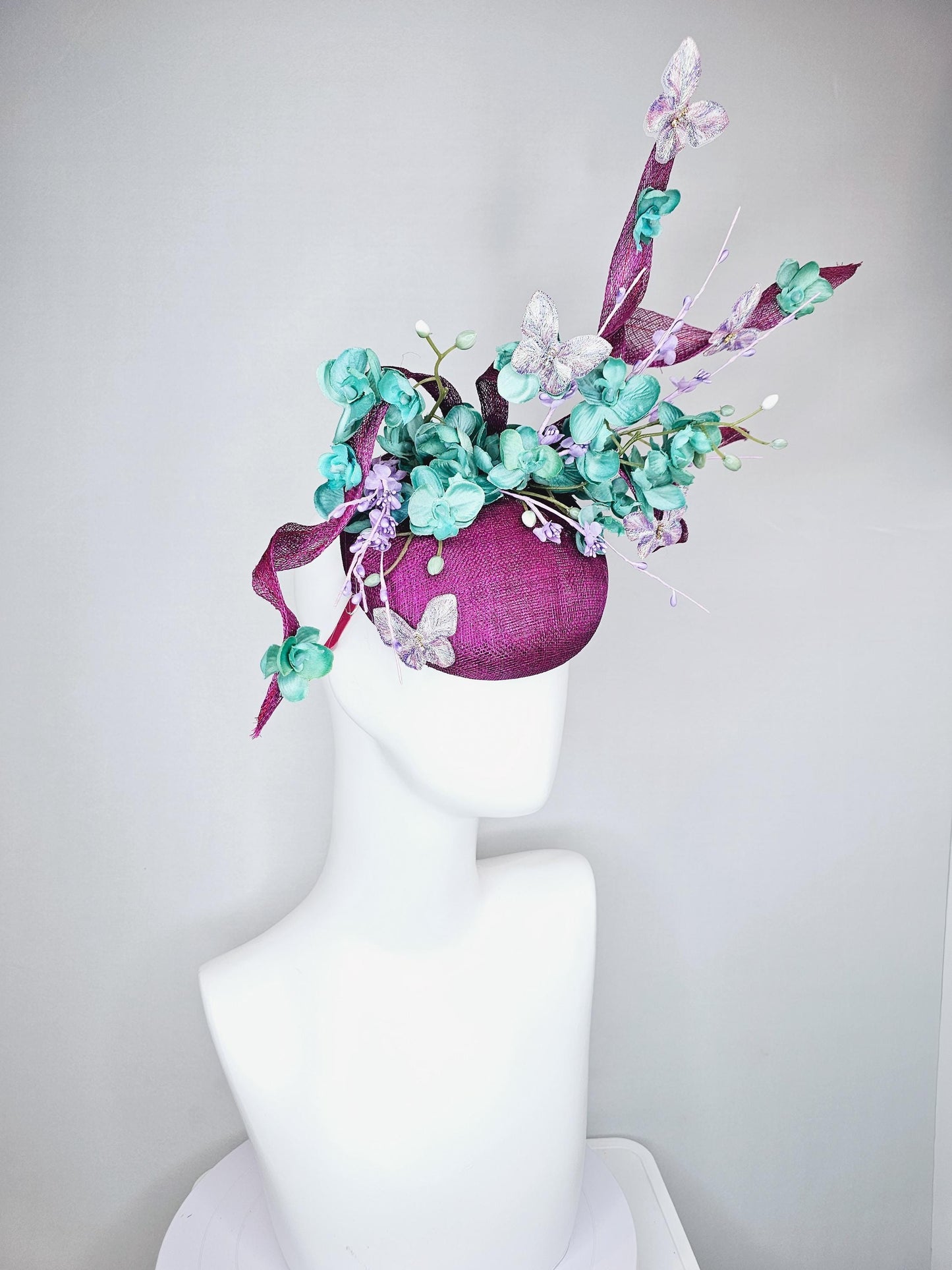 kentucky derby hat fascinator magenta purple sinamay w/ sinamay curls,mint green flowers,lavender purple pearl, floral stems and butterflies