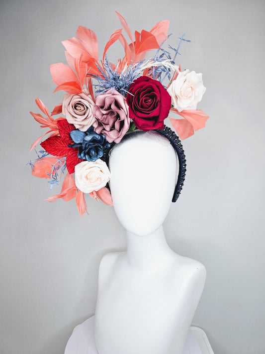 kentucky derby hat fascinator midnight blue crystal headband, ivory white dusty pink red ombre navy blue flowers,red leaves, orange feathers