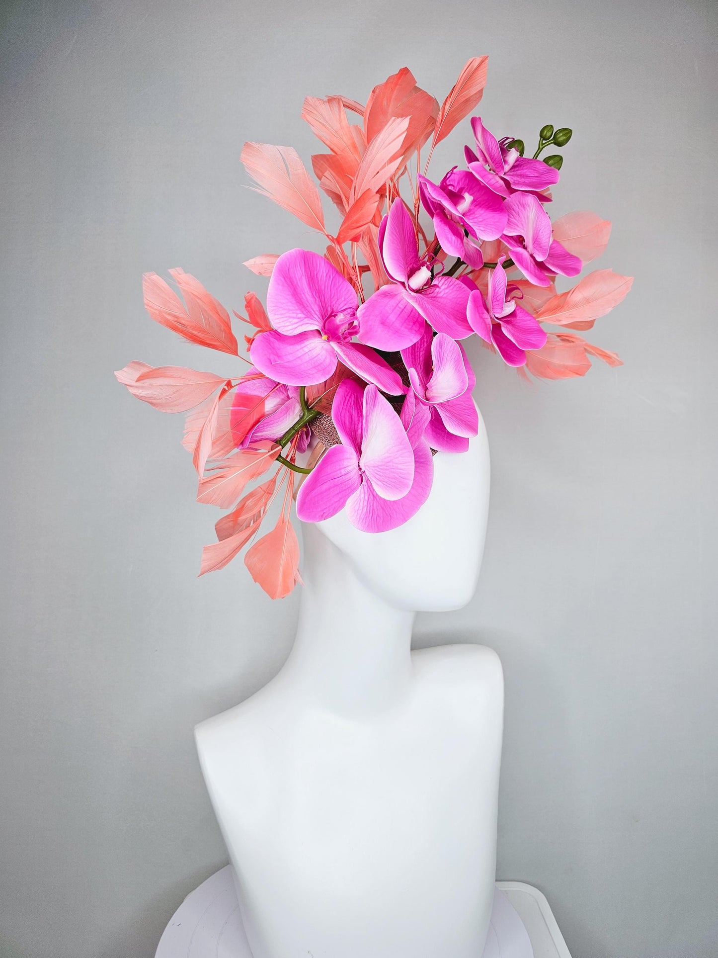 kentucky derby hat fascinator bright pink fuchsia orchid satin silk flowers, coral orange peach branching feathers