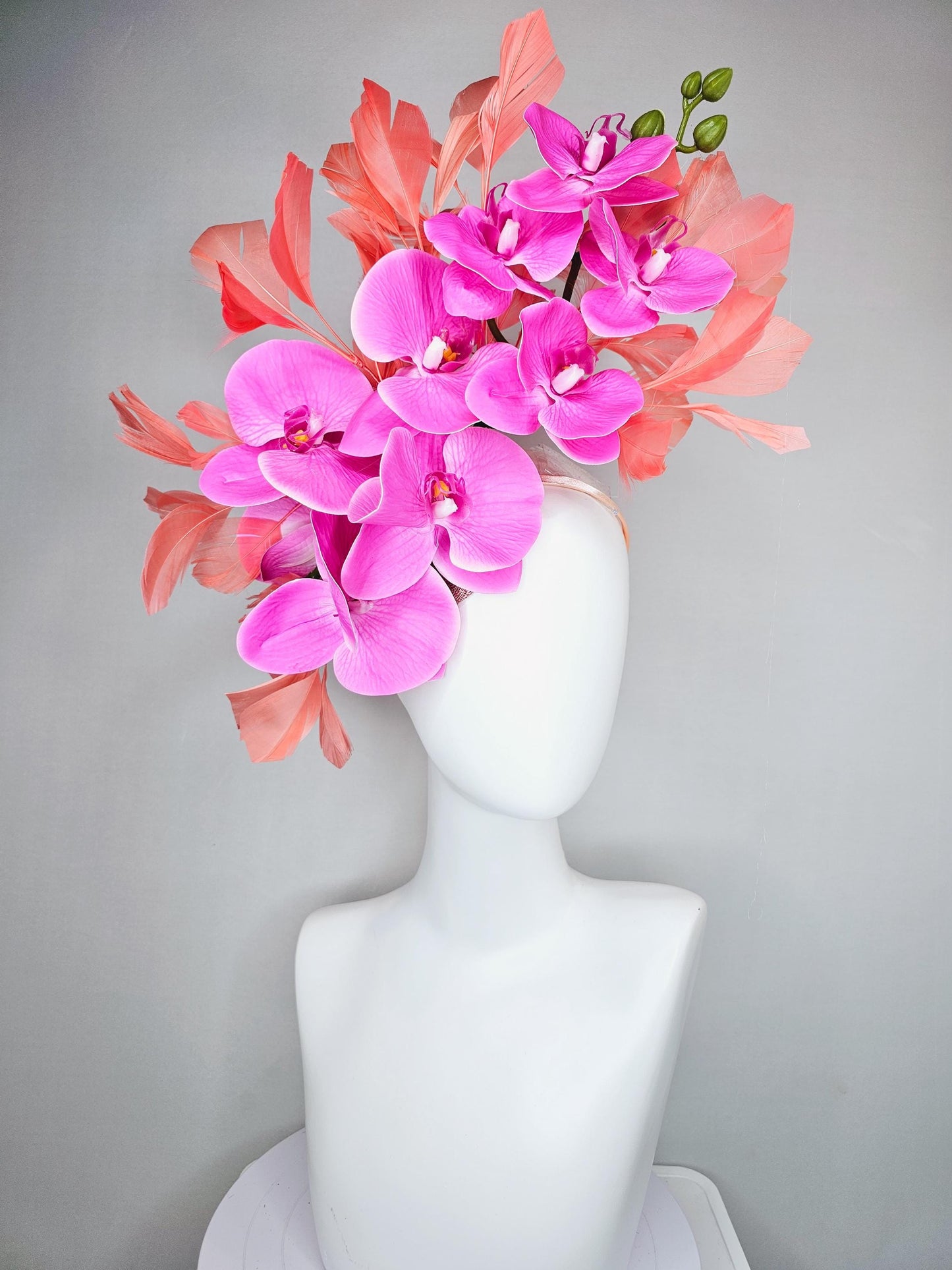 kentucky derby hat fascinator bright pink fuchsia orchid satin silk flowers, coral orange peach branching feathers