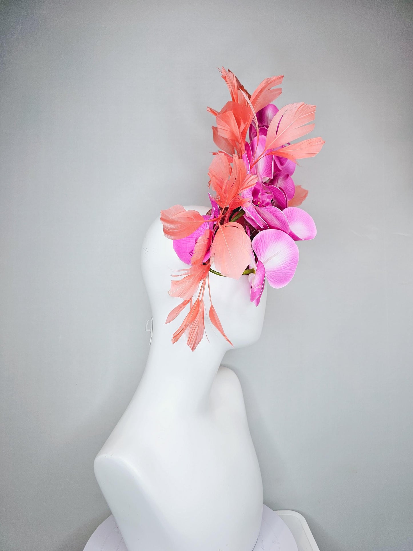 kentucky derby hat fascinator bright pink fuchsia orchid satin silk flowers, coral orange peach branching feathers