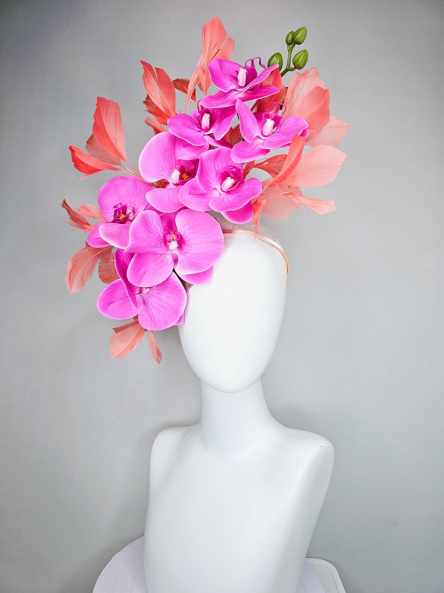 kentucky derby hat fascinator bright pink fuchsia orchid satin silk flowers, coral orange peach branching feathers