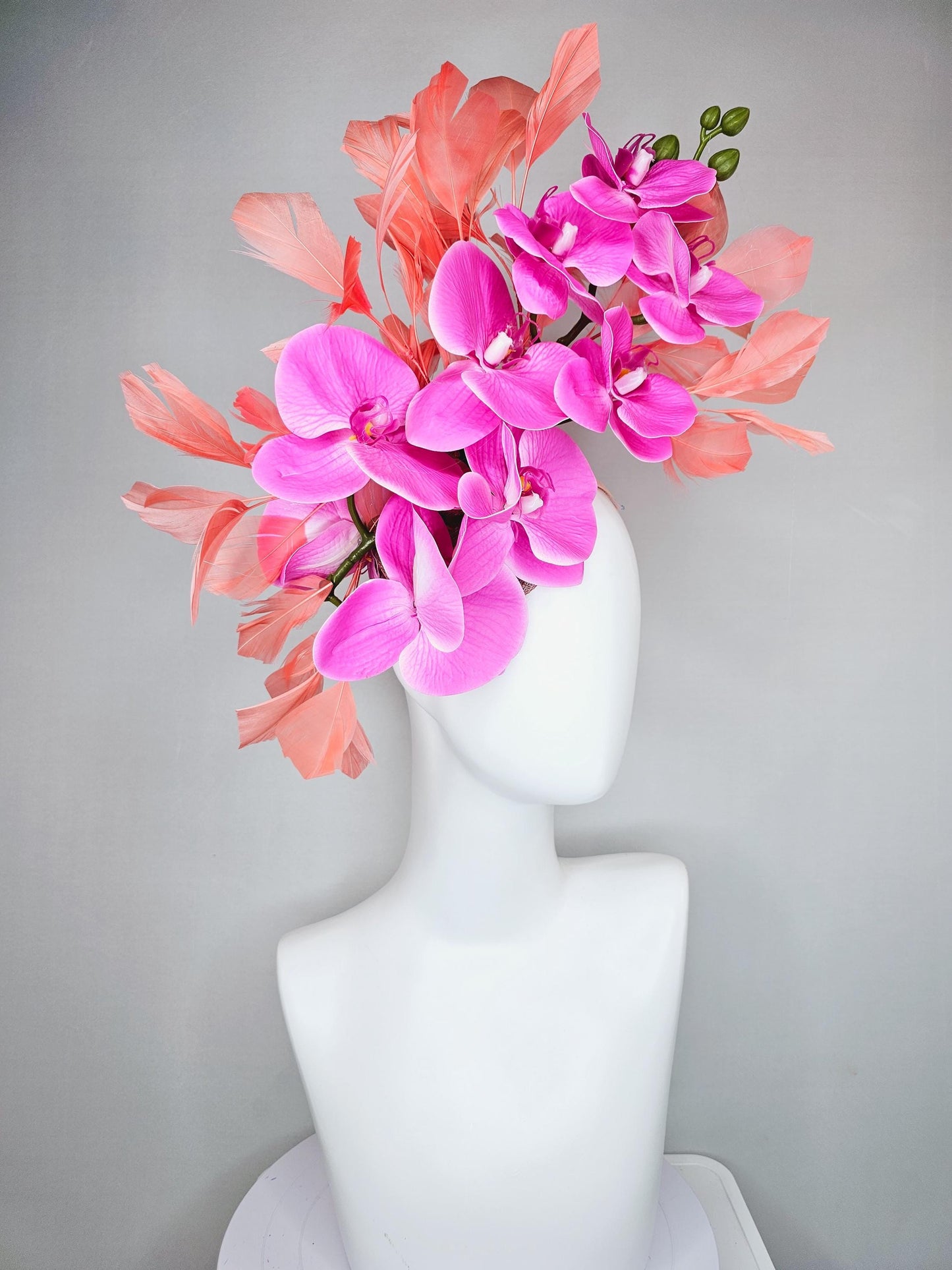 kentucky derby hat fascinator bright pink fuchsia orchid satin silk flowers, coral orange peach branching feathers