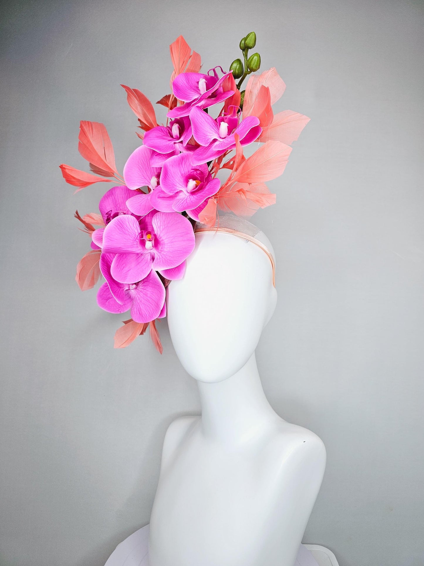 kentucky derby hat fascinator bright pink fuchsia orchid satin silk flowers, coral orange peach branching feathers