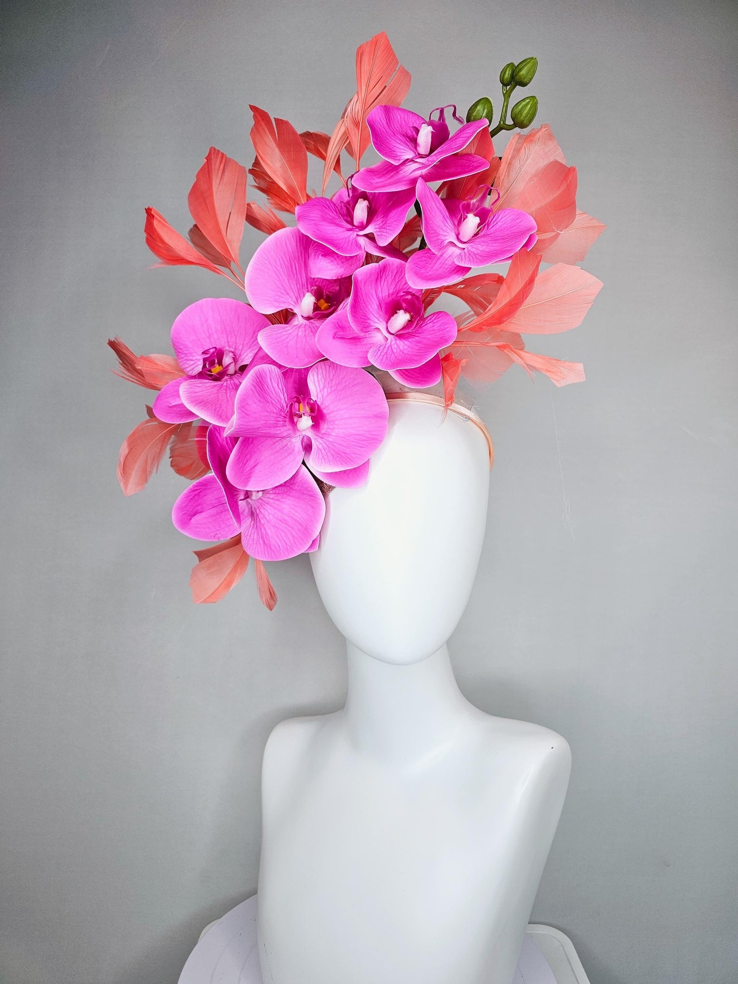 kentucky derby hat fascinator bright pink fuchsia orchid satin silk flowers, coral orange peach branching feathers