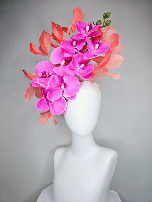 kentucky derby hat fascinator bright pink fuchsia orchid satin silk flowers, coral orange peach branching feathers