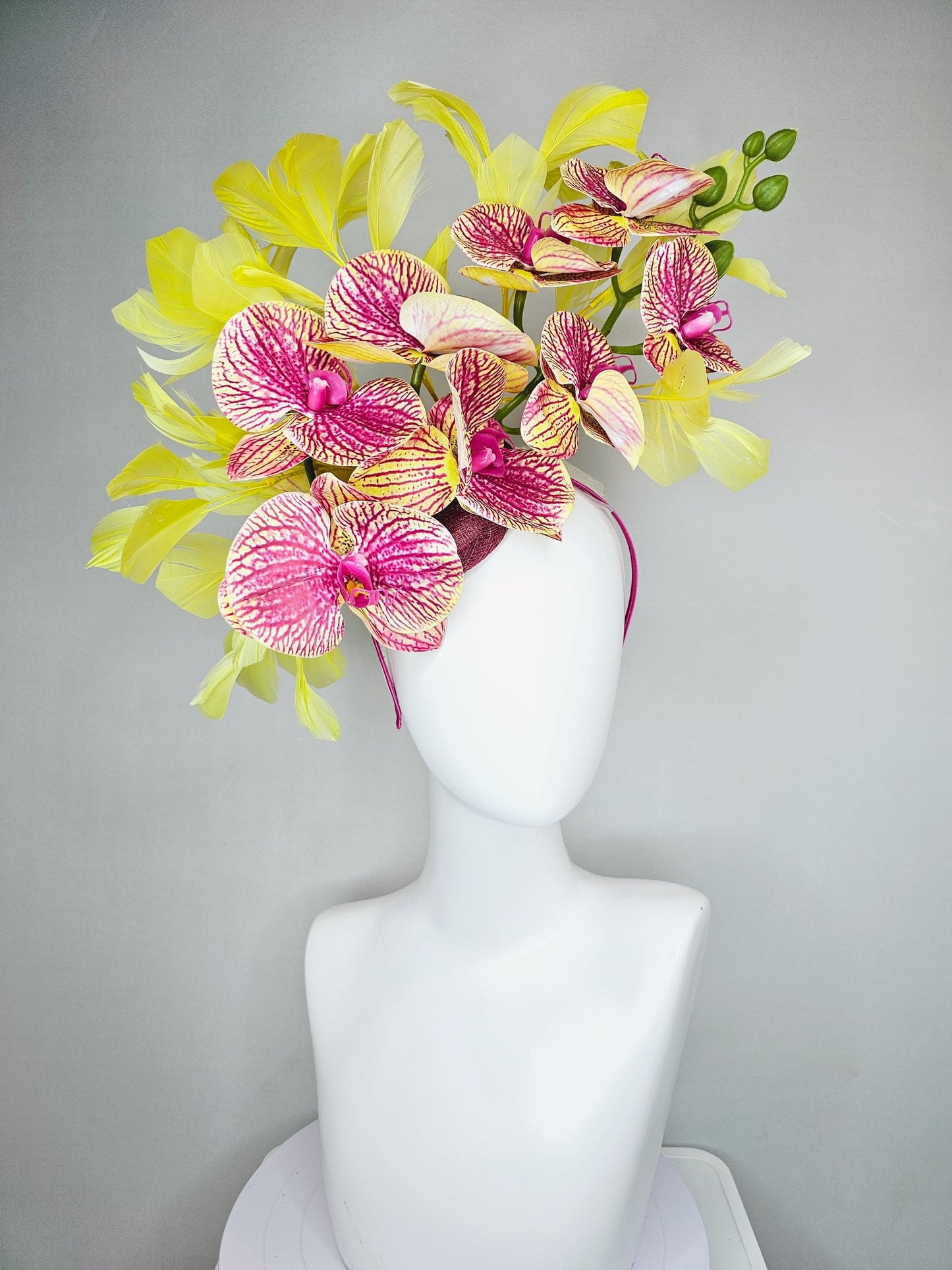 kentucky derby hat fascinator pink magenta and yellow orchid satin silk flowers, yellow branching feathers