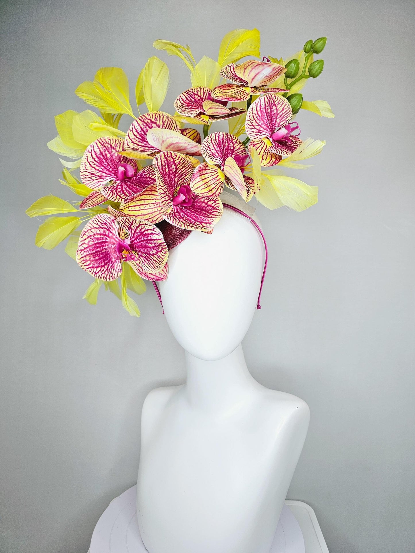 kentucky derby hat fascinator pink magenta and yellow orchid satin silk flowers, yellow branching feathers