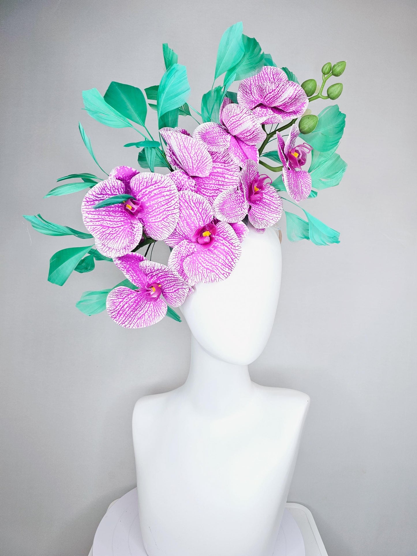 kentucky derby hat fascinator white and purple orchid satin silk flowers, bright mint green branching feathers