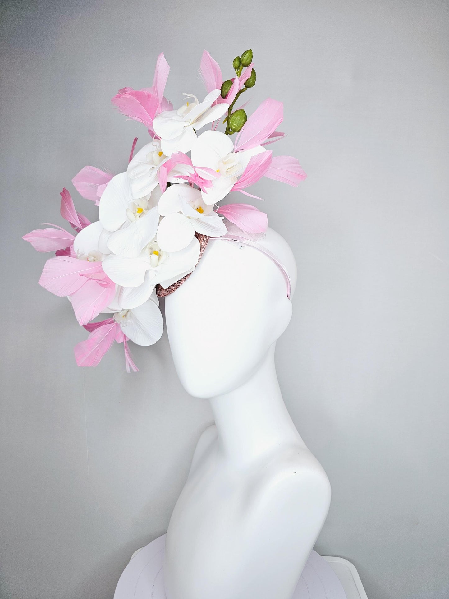 kentucky derby hat fascinator white orchid satin silk flowers, light blush pink branching feathers