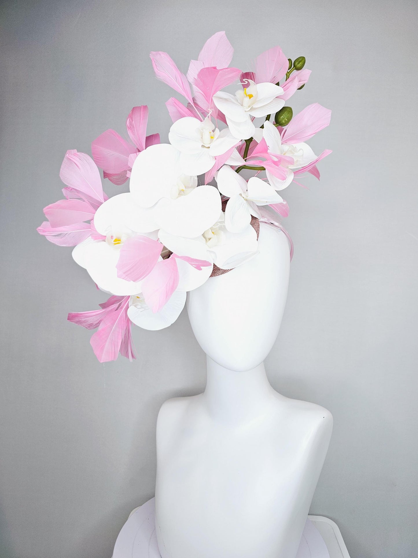 kentucky derby hat fascinator white orchid satin silk flowers, light blush pink branching feathers