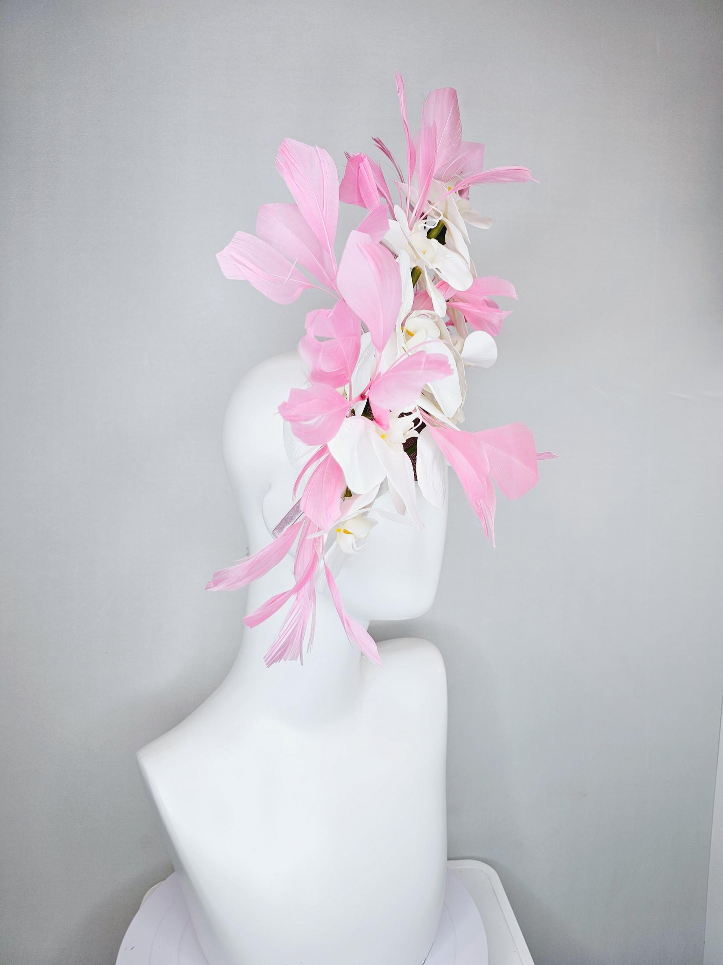 kentucky derby hat fascinator white orchid satin silk flowers, light blush pink branching feathers