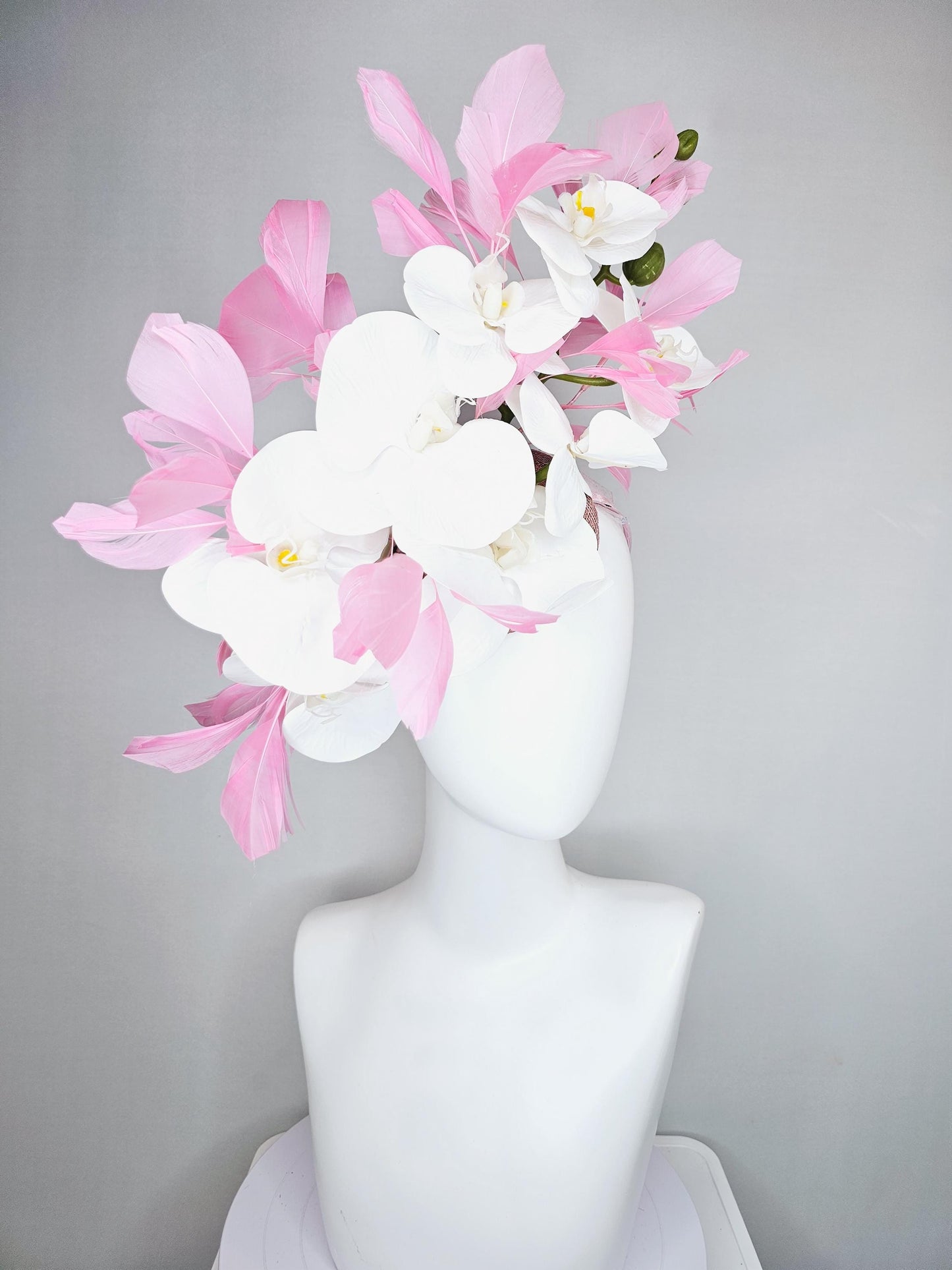 kentucky derby hat fascinator white orchid satin silk flowers, light blush pink branching feathers