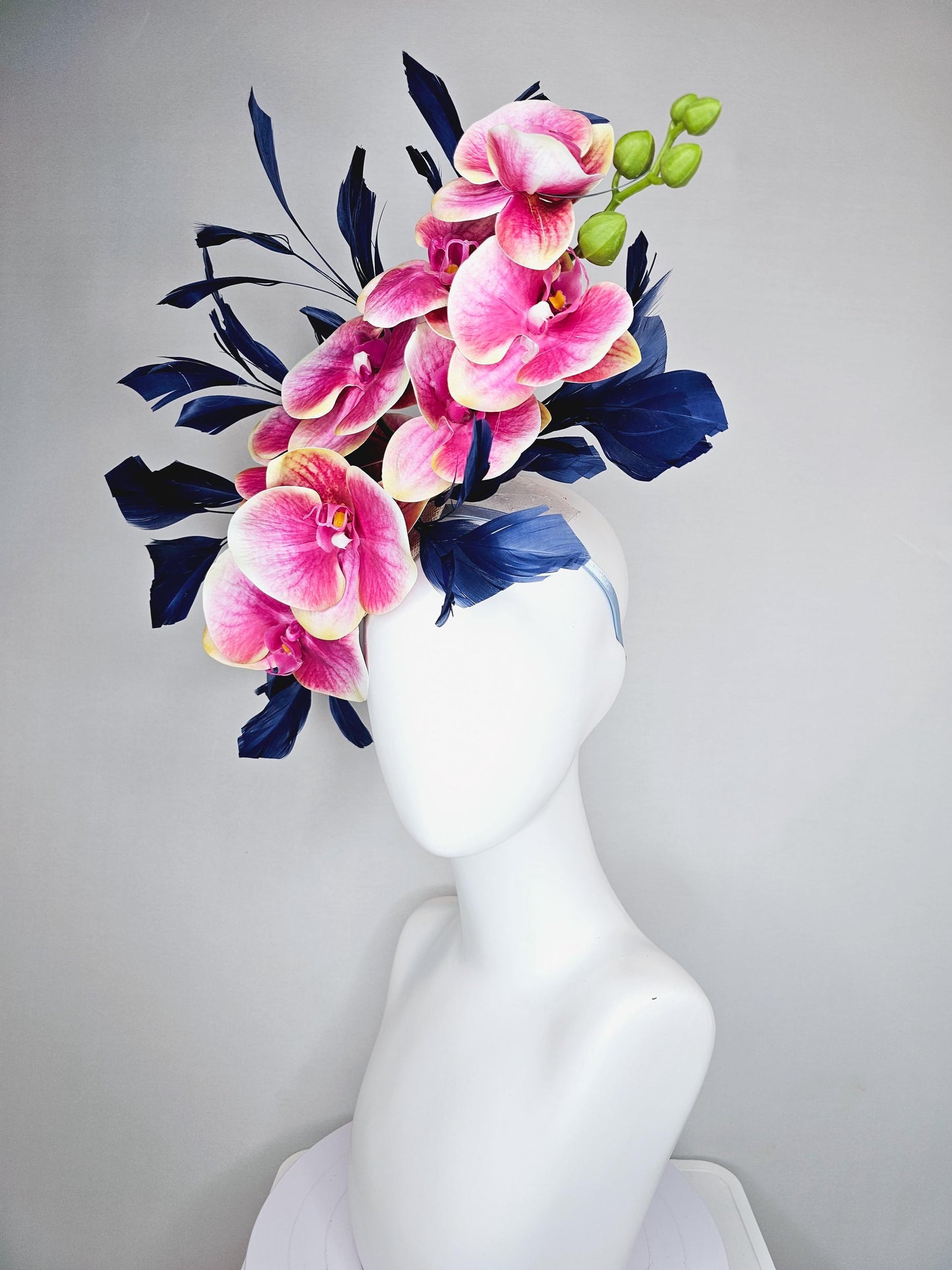 kentucky derby hat fascinator large white yellow and pink orchid satin silk flowers, navy blue branching feathers