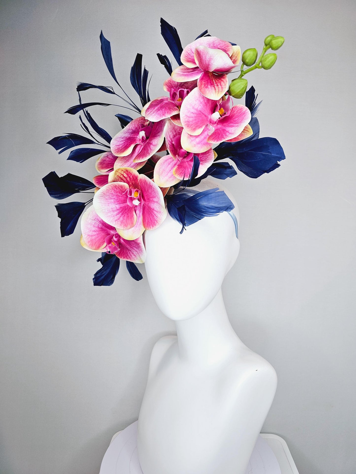 kentucky derby hat fascinator large white yellow and pink orchid satin silk flowers, navy blue branching feathers