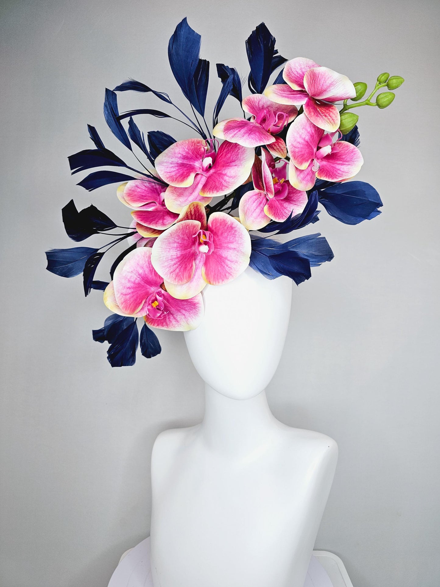 kentucky derby hat fascinator large white yellow and pink orchid satin silk flowers, navy blue branching feathers