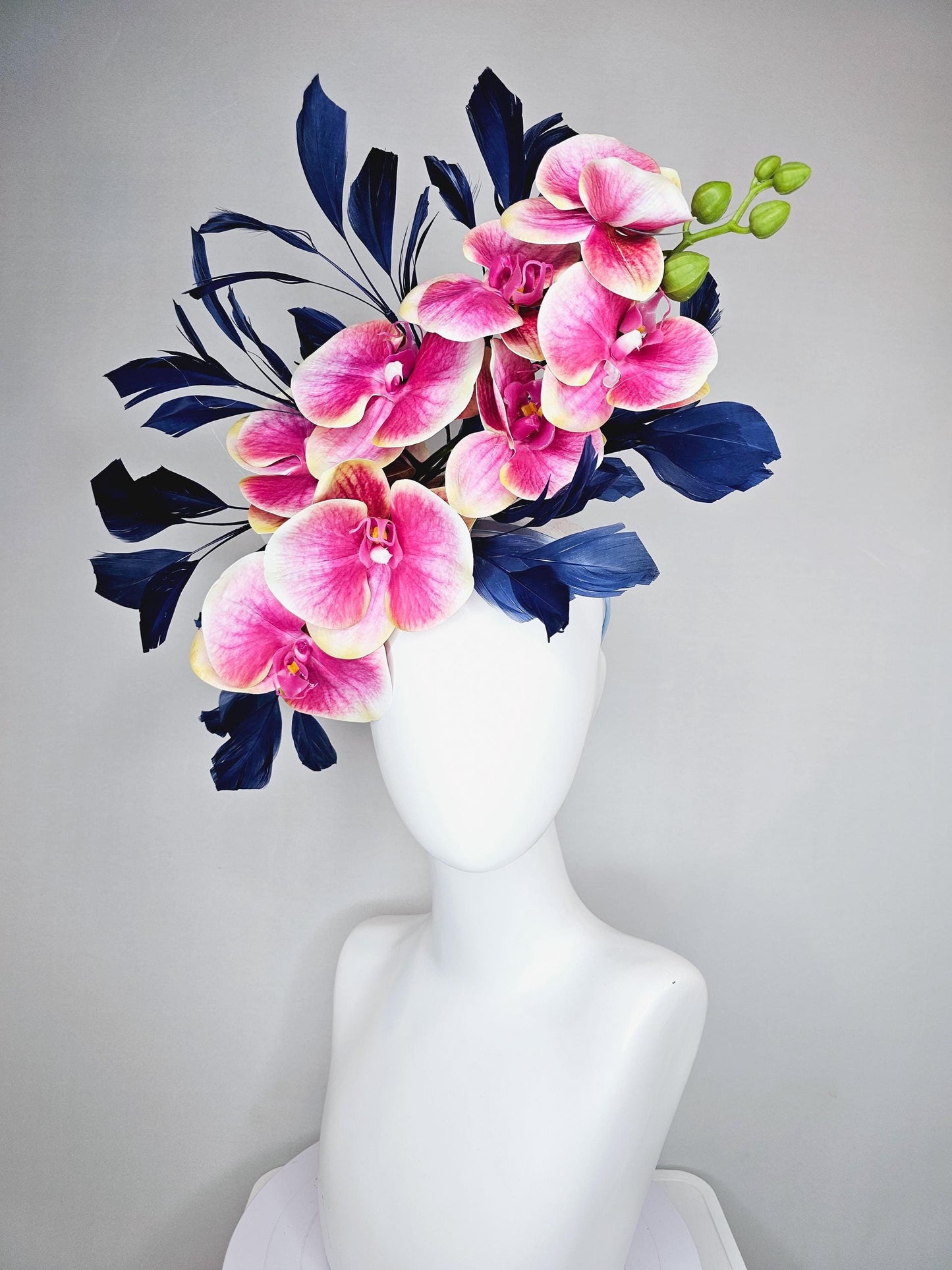 kentucky derby hat fascinator large white yellow and pink orchid satin silk flowers, navy blue branching feathers