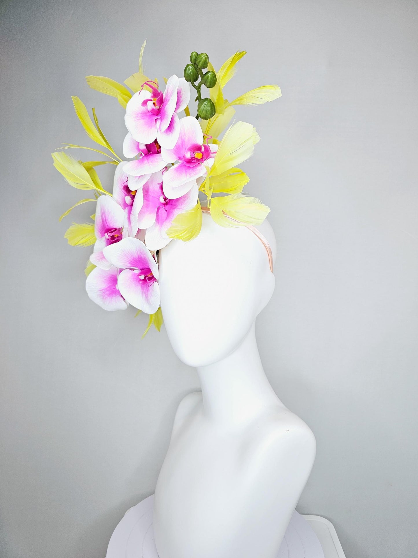 kentucky derby hat fascinator large white and pink orchid satin silk flowers, yellow branching feathers