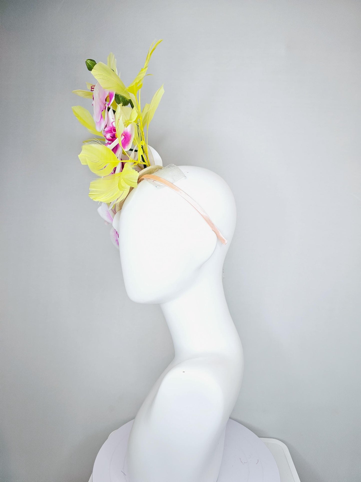 kentucky derby hat fascinator large white and pink orchid satin silk flowers, yellow branching feathers