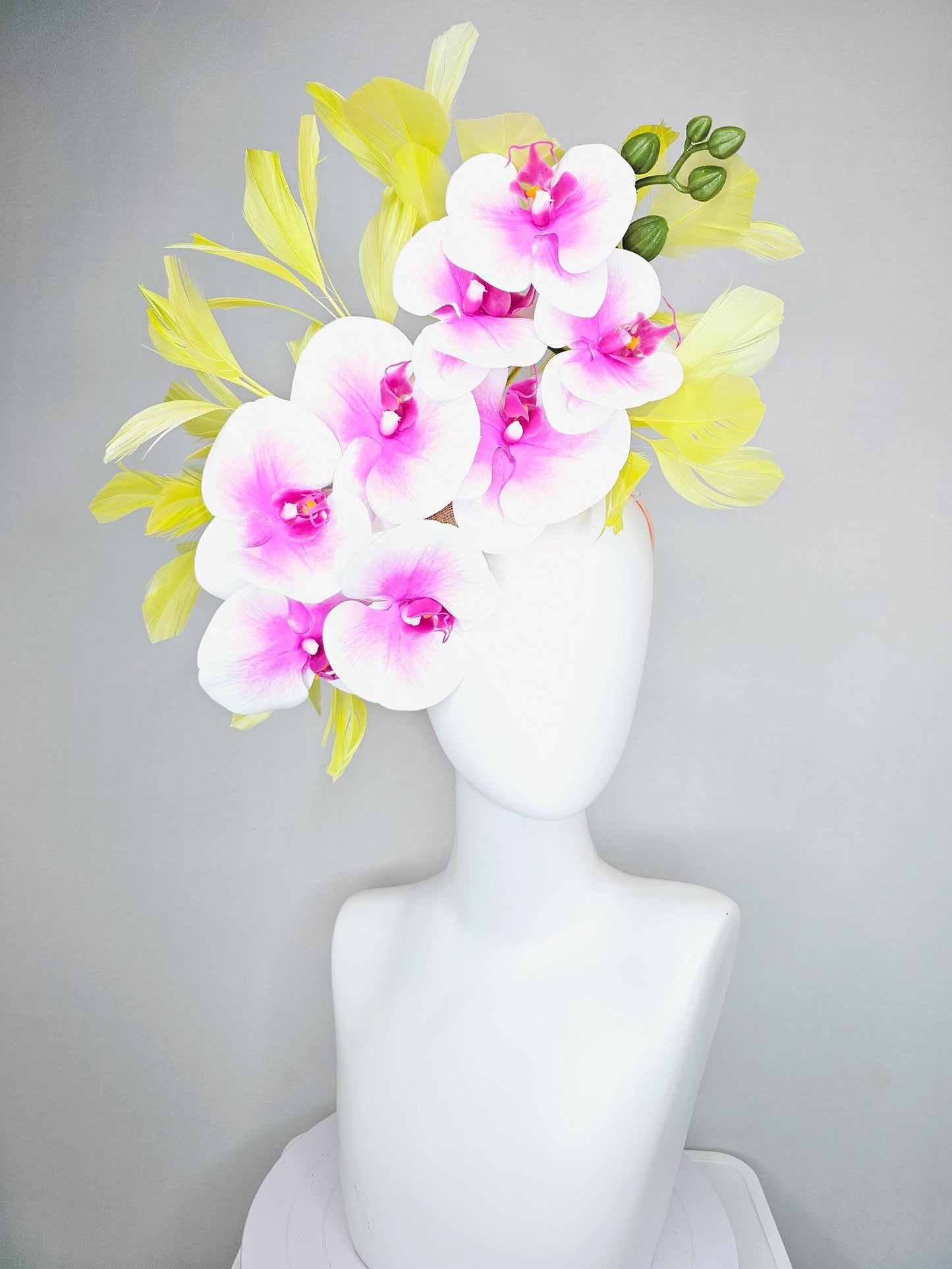 kentucky derby hat fascinator large white and pink orchid satin silk flowers, yellow branching feathers