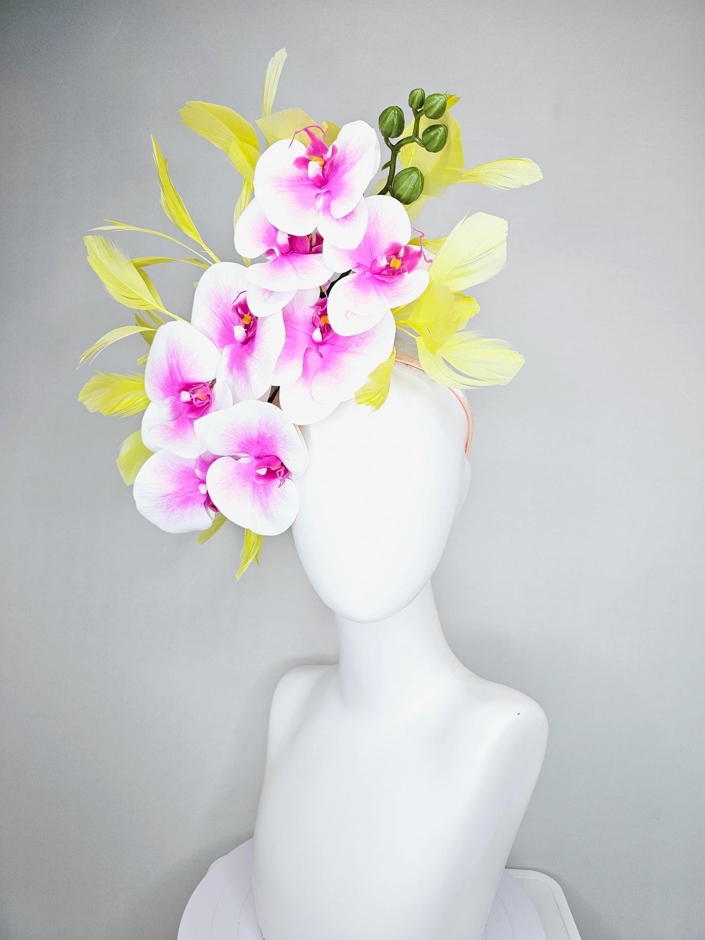 kentucky derby hat fascinator large white and pink orchid satin silk flowers, yellow branching feathers