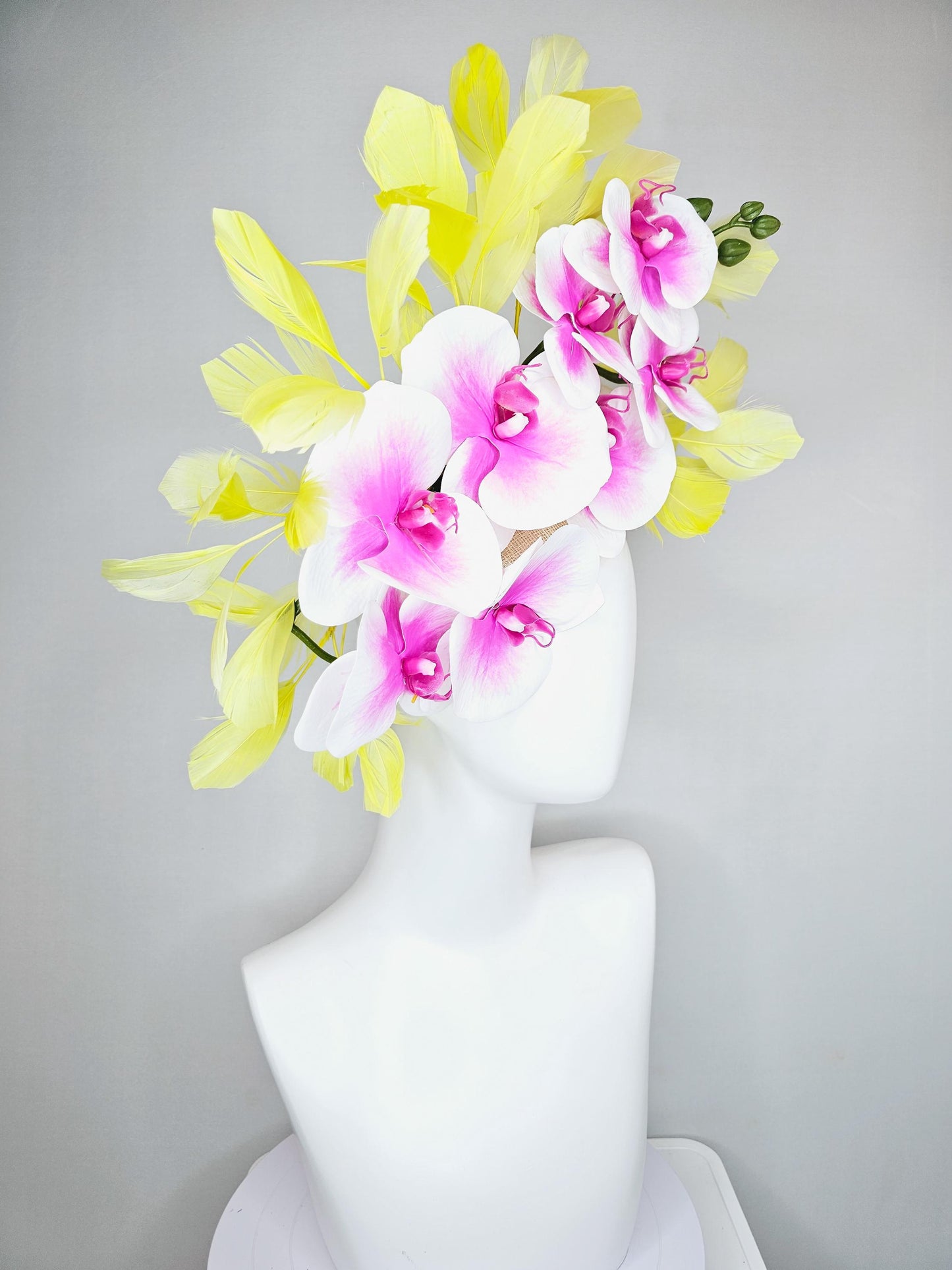 kentucky derby hat fascinator large white and pink orchid satin silk flowers, yellow branching feathers