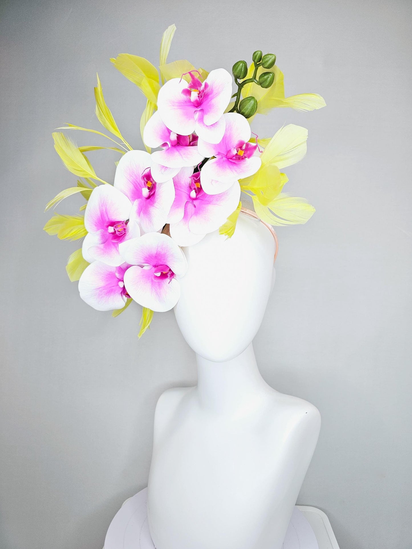 kentucky derby hat fascinator large white and pink orchid satin silk flowers, yellow branching feathers