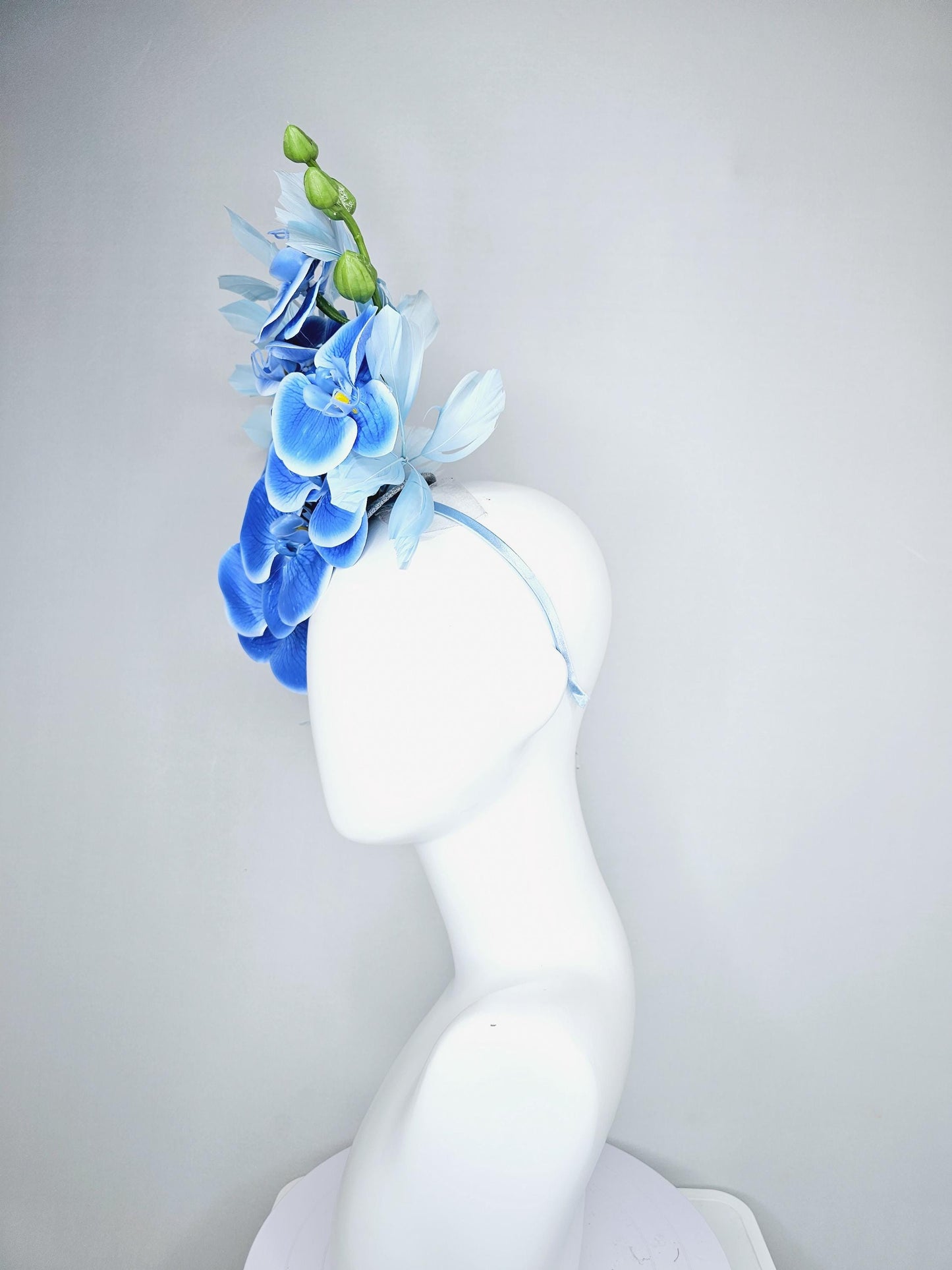 kentucky derby hat fascinator large sky blue orchid satin silk flowers, light blue branching feathers