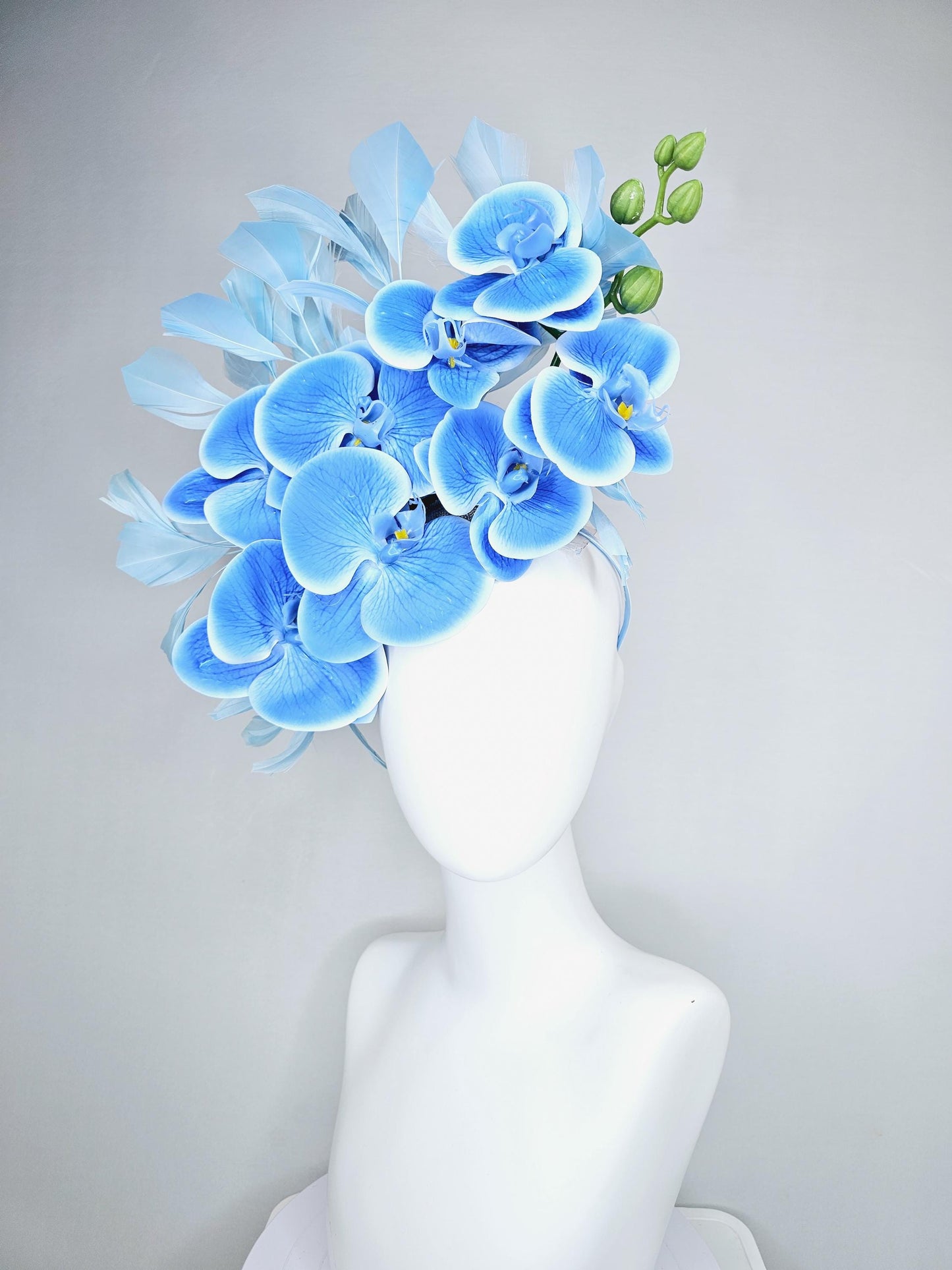 kentucky derby hat fascinator large sky blue orchid satin silk flowers, light blue branching feathers