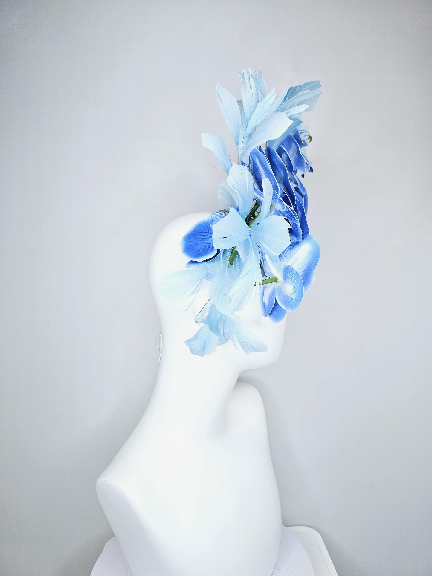 kentucky derby hat fascinator large sky blue orchid satin silk flowers, light blue branching feathers