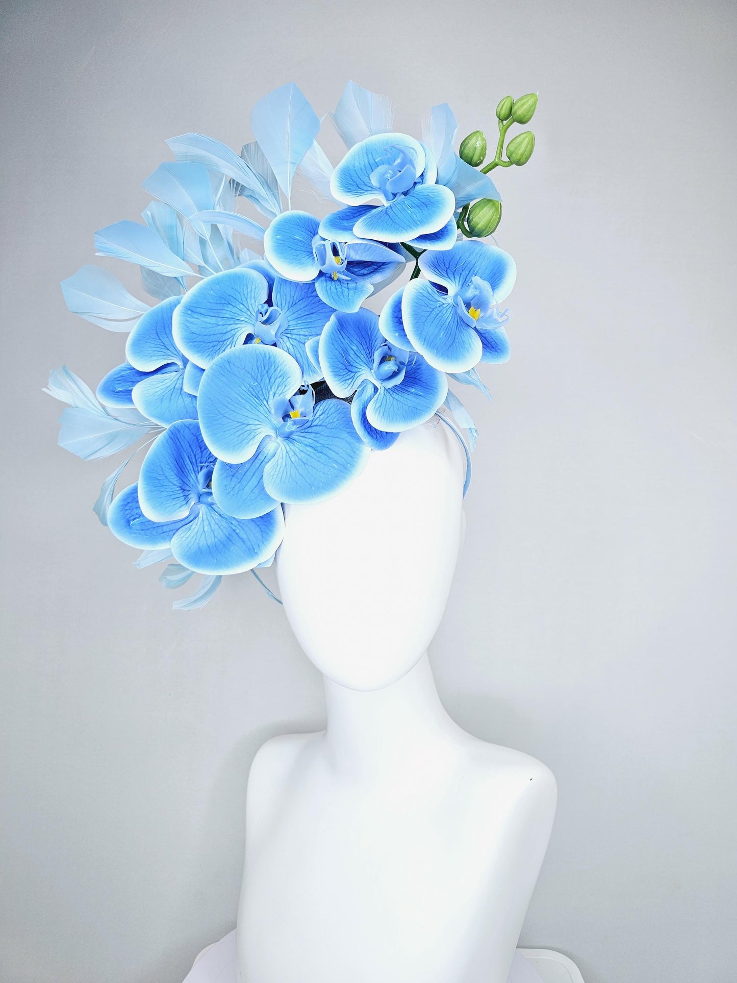 kentucky derby hat fascinator large sky blue orchid satin silk flowers, light blue branching feathers