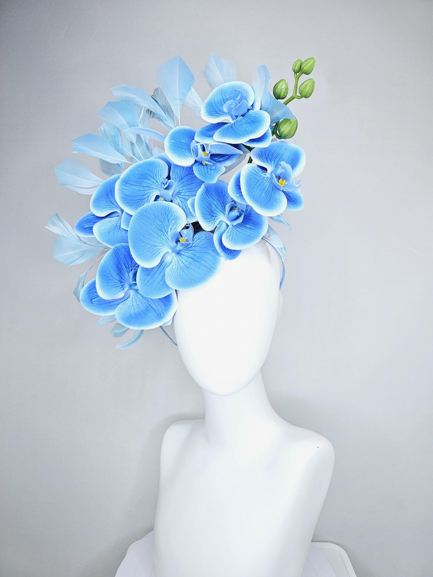 kentucky derby hat fascinator large sky blue orchid satin silk flowers, light blue branching feathers