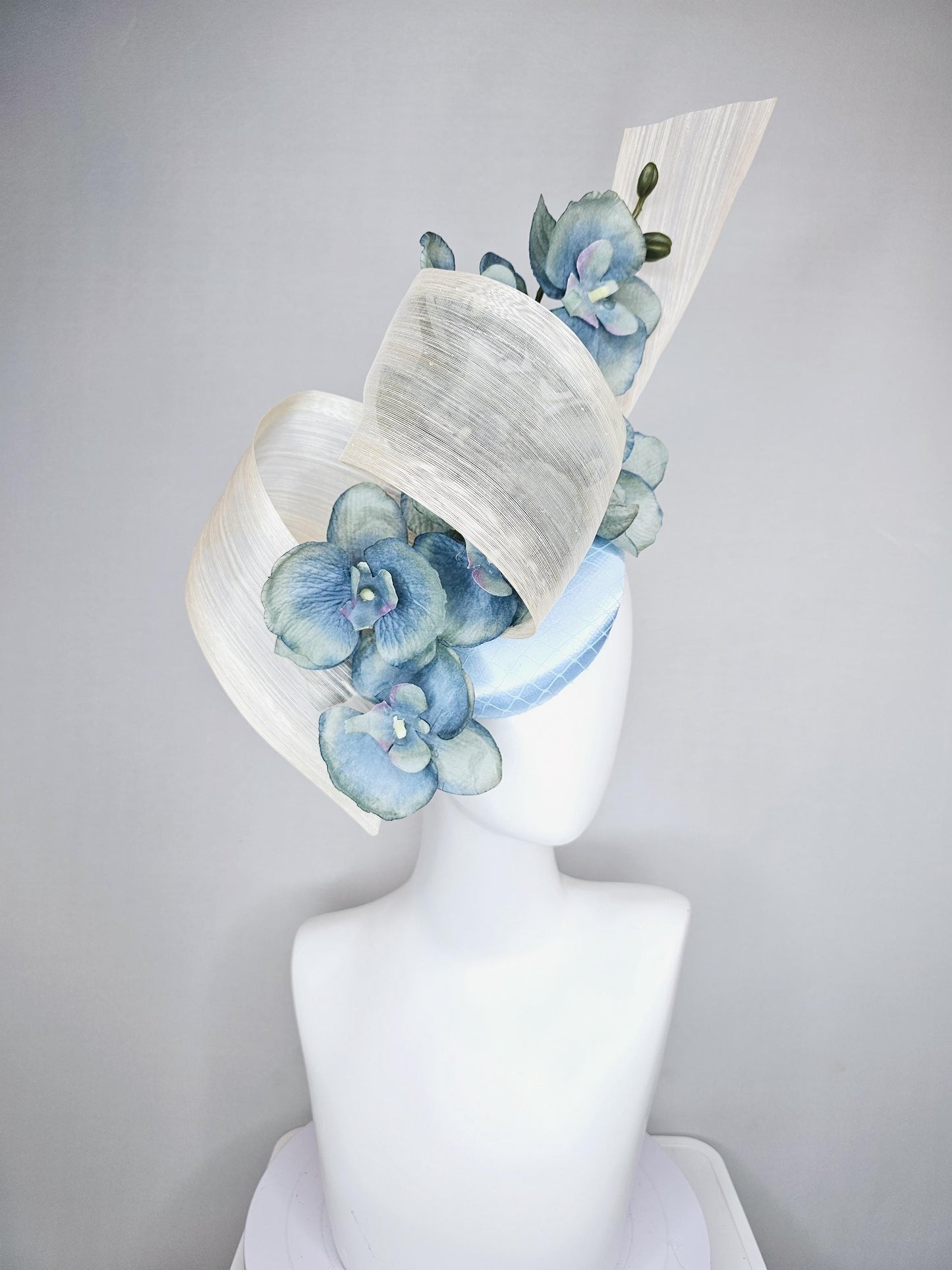 kentucky derby hat fascinator light blue satin with netting, ombre blue orchid flowers,neutral ivory white silk ribbon large bendable decor