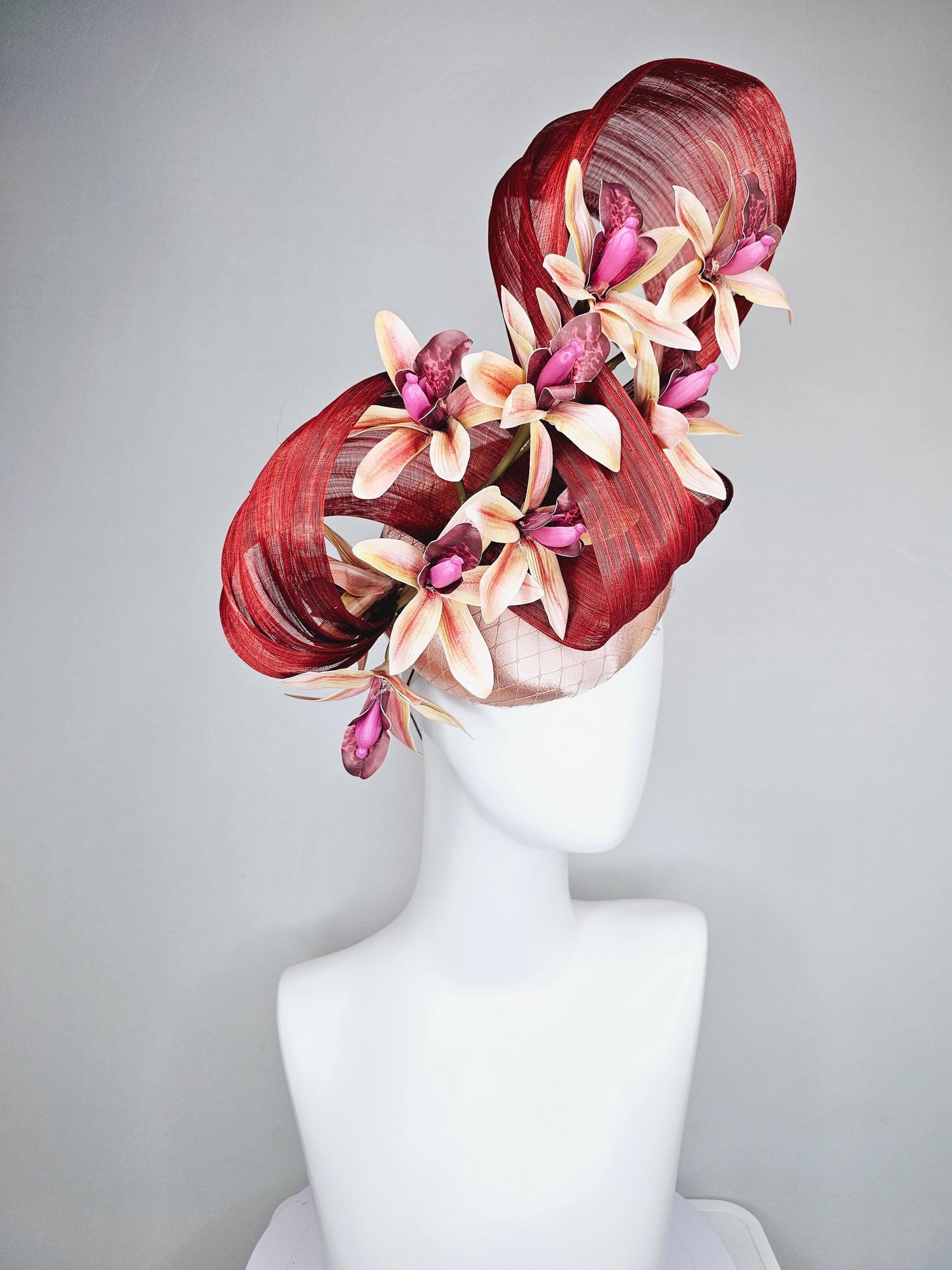 kentucky derby hat fascinator light pink satin with netting,light yellow pink orchid flowers,maroon copper silk ribbon large bendable decor