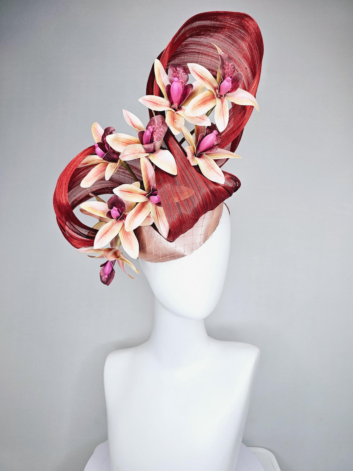 kentucky derby hat fascinator light pink satin with netting,light yellow pink orchid flowers,maroon copper silk ribbon large bendable decor