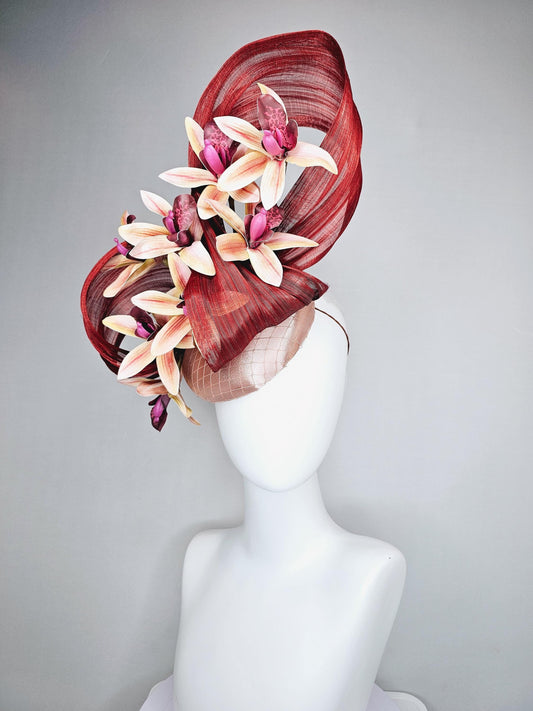 kentucky derby hat fascinator light pink satin with netting,light yellow pink orchid flowers,maroon copper silk ribbon large bendable decor