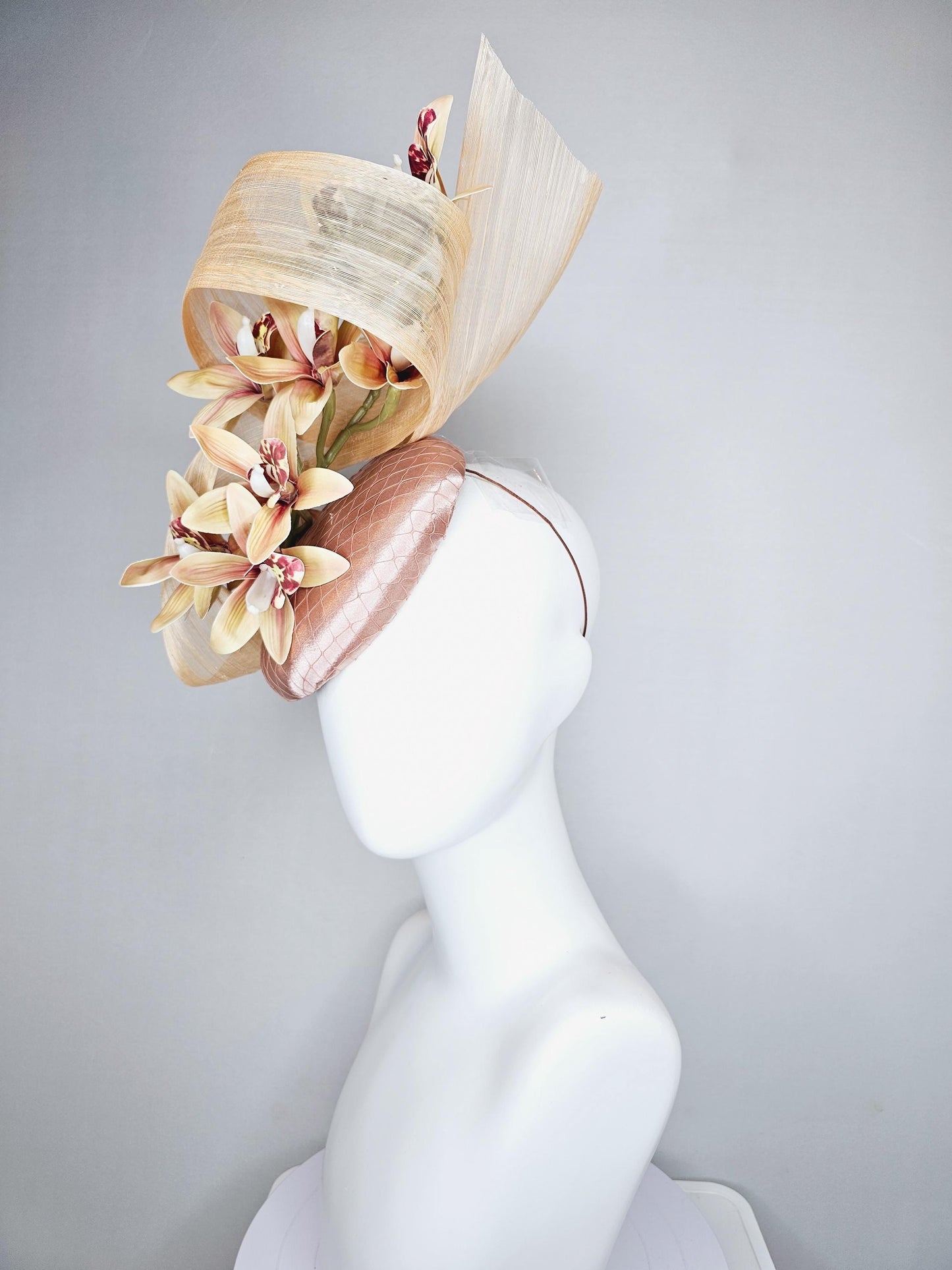 kentucky derby hat fascinator light pink satin with netting,yellow dusty pink orchid flowers,neutral beige silk ribbon large bendable decor