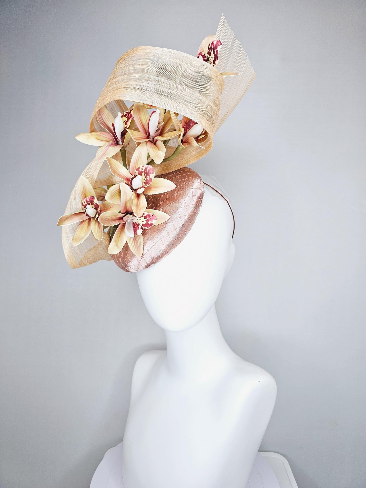 kentucky derby hat fascinator light pink satin with netting,yellow dusty pink orchid flowers,neutral beige silk ribbon large bendable decor