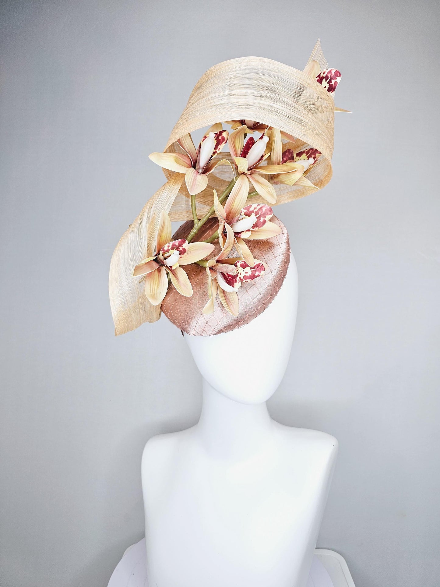 kentucky derby hat fascinator light pink satin with netting,yellow dusty pink orchid flowers,neutral beige silk ribbon large bendable decor