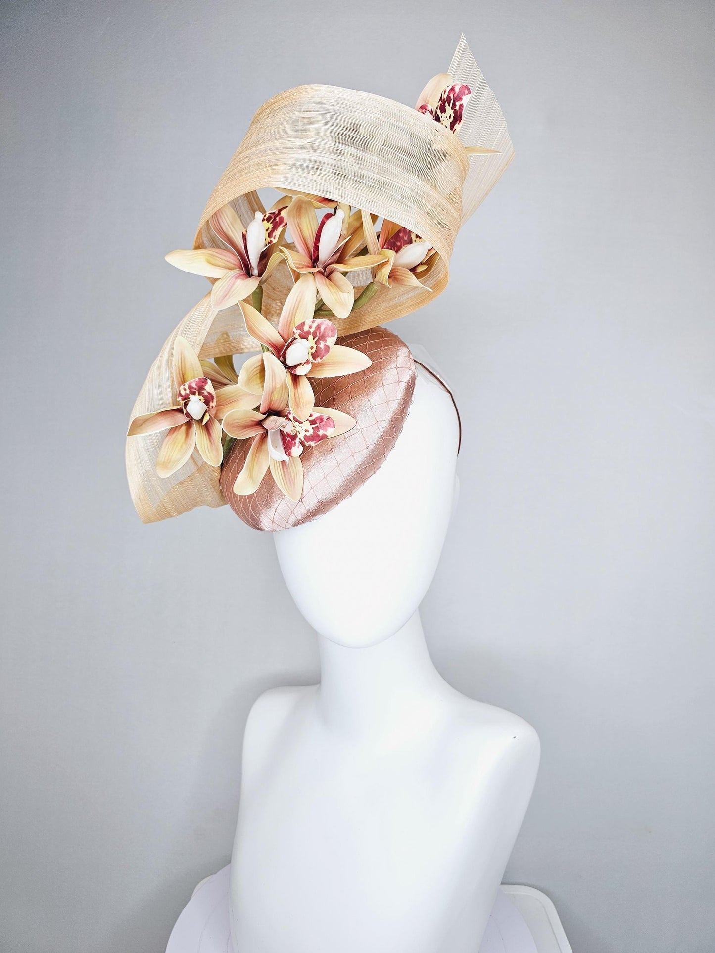 kentucky derby hat fascinator light pink satin with netting,yellow dusty pink orchid flowers,neutral beige silk ribbon large bendable decor